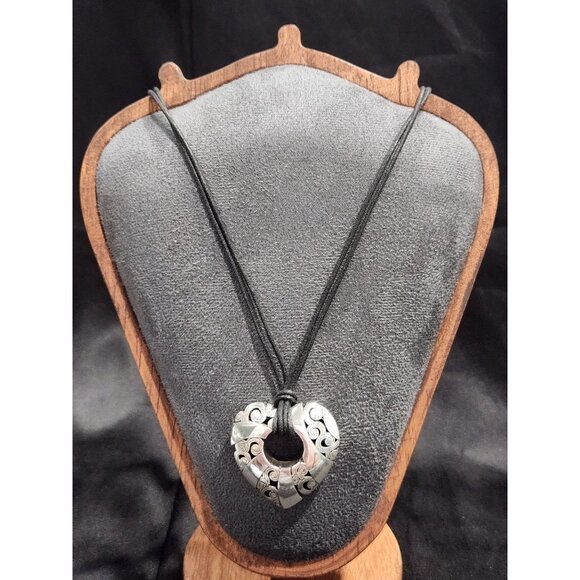 Brighton Kismet Heart Pendant Necklace Silver Scroll on Black Leather Cord - Picture 2 of 7